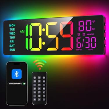 Imagem de EASYERA Relógio de parede digital grande de 42 cm com sincronização BT, luzes RGB com controle remoto de modo de 11 cenas, relógio LED grande com alarmes duplos, horário de verão automático