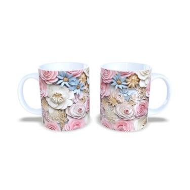 Imagem de Caneca de Cerâmica com Estampa Floral 3D, Branca, 325ml, Design Moderno com Flores Coloridas (14127)