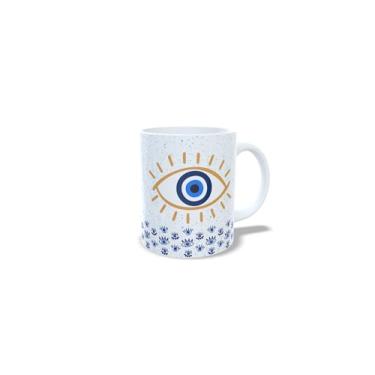 Imagem de Caneca Decorativa com Olho Grego, Cerâmica Branca, 325ml, Design Protetor com Padrão de Olhos e Mensagem de Paz (17366)