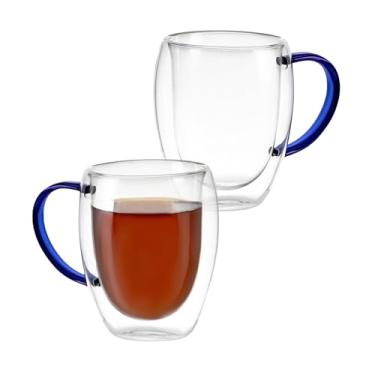 Imagem de Kit 2 Canecas 350ml Vidro Borossilicato Parede Dupla Xícara Térmica Isolante para Chá Café Opções de Cores: Azul, Marrom, Preta, Verde e Transparente (Azul)