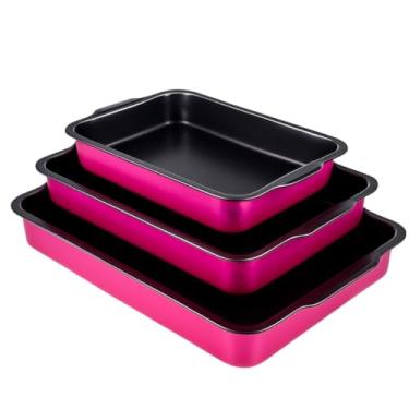 Imagem de Conjunto de 3 panelas retangulares antiaderentes Tabuleiro de cozedura vermelho Panela antiaderente Cozinha Bolo Churrasco(Rosa)