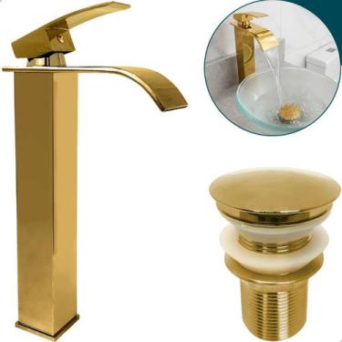 Imagem de Torneira Dourada Pia Banheiro E Valvula Click 1 1/4 Kit Lavabo Gold Lu