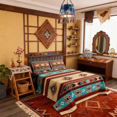 Imagem de Manfei Colcha infantil geométrica asteca, tamanho solteiro, conjunto de colcha boho étnica tribal do sudoeste, decoração de quarto de meninas e meninos, colcha acolchoada boêmia de fazenda rústica