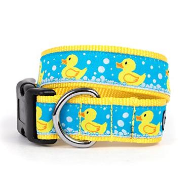 Imagem de The Worthy Dog Correia de nylon ajustável e confortável com estampa de pato de borracha para cães – serve para cães pequenos, médios e grandes, cor amarela/azul