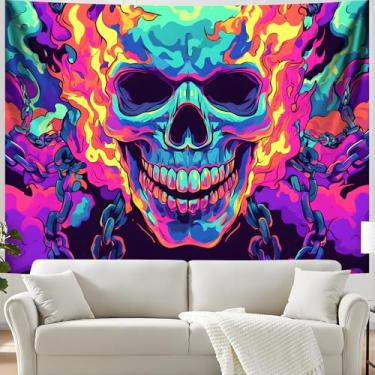 Imagem de BVBOX Tapeçaria de Halloween com luz negra, UV reativo que brilha no escuro preto luz tríplice tapeçaria pôsteres para sala de estar, quarto (caveira de chama, 228,6 cm x 177,8 cm)