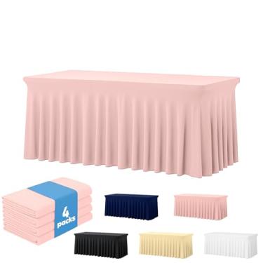 Imagem de Deep Dream Pacote com 4 toalhas de mesa ajustadas de elastano rosa para mesas retangulares de 2,3 m, sem rugas, toalha de mesa elástica para festa, banquete, casamento e eventos