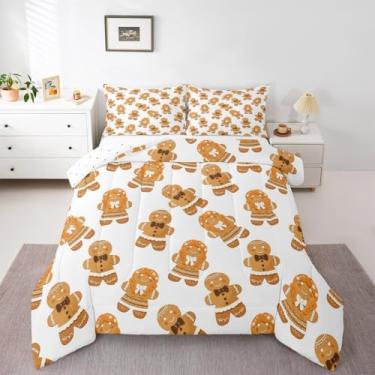 Imagem de Feelyou Conjunto de edredom de Natal, solteiro, fofo, de gengibre, para crianças, meninos, meninas, com laço kawaii, para decoração de quarto, microfibra, 2 peças com 1 fronha