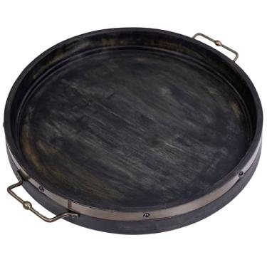 Imagem de Bandeja grande redonda de 51 cm, madeira de manga preta envelhecida, estilo rústico de fazenda com alças de latão antigo e alça de destaque, bandeja grande de mesa de centro para chá, café da manhã na