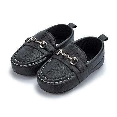 Imagem de Mocassins infantis de couro PU para bebês meninos e meninas primeiro andar berço, leve, sola plana antiderrapante, Preto, 12-18 Months Toddler