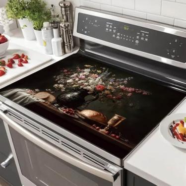 Imagem de HOMETITUTE Capas superiores de fogão para protetor de fogão de vidro elétrico 71 x 50 cm design floral vintage natureza morta capa de fogão resistente ao calor tapete de bancada tapetes de secagem de