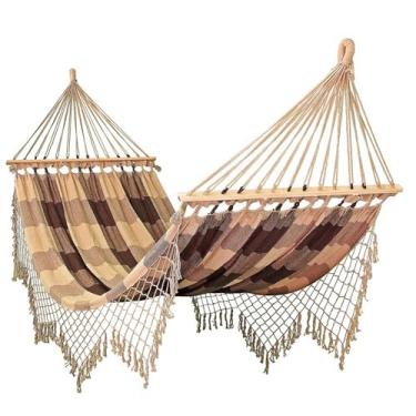 Imagem de Rede Grande de Dormir Americana com Madeira (Caramelo com Marrom Xadrez)