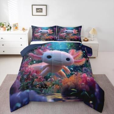 Imagem de Conjunto de edredom solteiro com estampa de salamandra marinha com estampa de salamandra, oceano azul, para crianças, meninas, meninos, plantas, folhas, kawaii, animais selvagens, desenho animado
