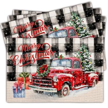 Imagem de Jogo americano Hobo de Natal, conjunto de 4, tapetes de mesa xadrez Buffalo para caminhão, 30,5 x 45,7 cm, jogo americano sazonal de inverno, serve para decoração de festa e cozinha, para mulheres