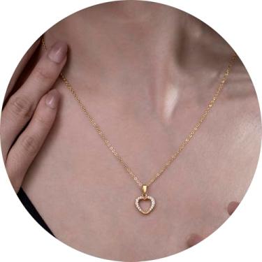 Imagem de Colar com pingente de coração para mulheres, corrente de aço inoxidável banhado a ouro 18K com zircônia cúbica, joia de coração elegante presente, 18+2in, Aço inoxidável, Sem Pedra Preciosa