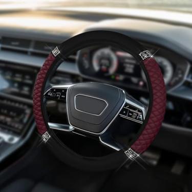 Imagem de HQRNYP Capa de volante de couro macio brilhante, protetor de volante, 38 cm colorido strass elástico, acessórios de carro de couro diamante antiderrapante para mulheres e meninas (vinho vermelho)