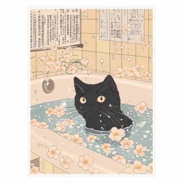Imagem de Arte de parede de gato preto em uma banheira japonesa - impressão minimalista de gato japonês, pôster de relaxamento para banheiro, arte estética neutra, pôster estilo - 28 x 35 cm pronto para