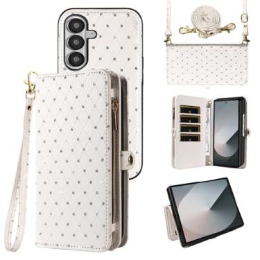 Imagem de Asuwish Capa de celular para Samsung Galaxy Z Fold 7 com zíper destacável carteira celular com alça transversal brilhante flip porta-cartões ZFold Z7 G Fold7 7Z mulheres homens meninas branco