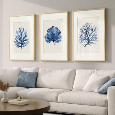 Imagem de Arte de parede em aquarela de coral costeiro emoldurado para sala de estar, grande 3 peças de arte coral azul marinho para paredes, imagens minimalistas, oceano, praia, plantas marinhas, impressões