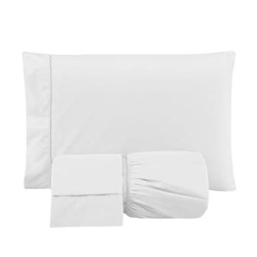 Imagem de Jogo de Lençol Casal King 3 Peças: Lençol com Elástico e Fronhas em Ponto Palito Micropercal 300 Fios 203x193cm (Versátil Simples/Branco)