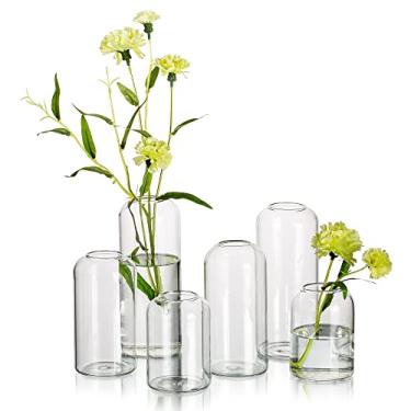 Imagem de Hewory Vaso moderno de vidro transparente, conjunto de 6 vasos pequenos para flores, arranjos florais elegantes para decoração de casa, centros de mesa de eventos de festa de casamento