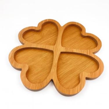 Imagem de Bandeja Decorativa de Bambu, Formato Coração com 4 Divisórias, Petisqueira de Madeira para Servir, 28 cm