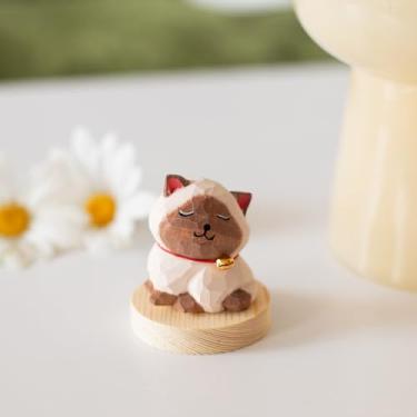 Imagem de Xiyuelily Estatueta de gato siamês esculpida à mão, 2 peças de estatuetas de gato siamês de madeira com base, estátua de animal fofo, decoração de casa, presente colecionável de arte animal de madeira