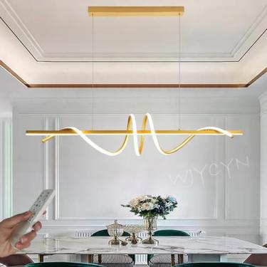 Imagem de Luminária pendente LED dimerizável para sala de jantar, dourada, em espiral, com design linear e controle remoto, em alumínio, para sala de estar, cozinha ou escritório, 100 cm de compriment