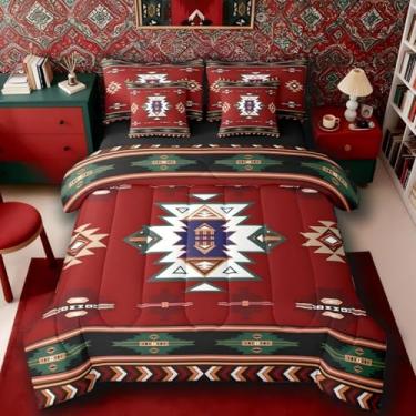 Imagem de Erosebridal Conjunto de edredom tamanho King ocidental com lençóis | Conjunto de cama geométrico de 7 peças boêmio asteca em uma bolsa, decoração de quarto com flecha tribal étnica, vermelho