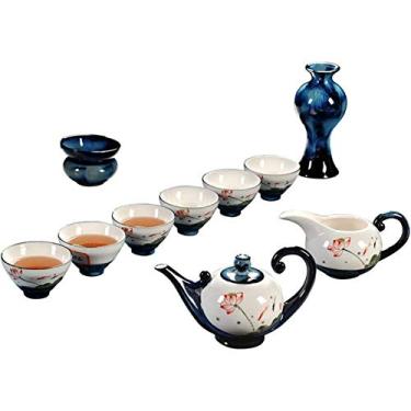 Imagem de Conjunto de chá, conjunto de chá de cerâmica para uso doméstico, conjunto completo de tigelas simples pintadas à mão, bule de chá e conjunto de xícaras