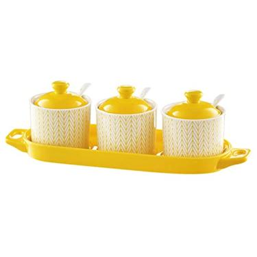 Imagem de Açucareiro azul com tampa, pote de armazenamento de açúcar, pote de açúcar, pote de tempero, pote de sal de açúcar, recipiente de tempero vermelho-3 conjuntos de frascos de especiarias (cor: amarelo