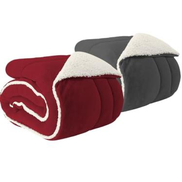 Imagem de Kit 2 Coberdrom Solteiro Manta Edredom Pele de Carneiro Sherpa Macio (VERMELHO E CINZA)