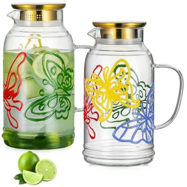 Imagem de Buaic Jarra de vidro com tampa e alça, pacote com 2 jarra de água de 1,927 g/2 litros, vintage, colorida, borboleta, geladeira, jarra de água de vidro borossilicato para chá de sol gelado de água