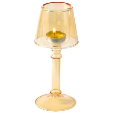 Imagem de Gurfuy Suporte de vela furacão de vidro âmbar – Suporte de vela de vidro em forma de lâmpada de mesa de cristal decorativo para mesa de jantar de casamento, centros de mesa, artigos de festa