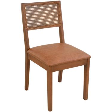 Imagem de Cadeira Jantar Alice Madeira Maciça Castanho Encosto Palha Sextavada Castanho Assento Corino Caramelo Mescla
