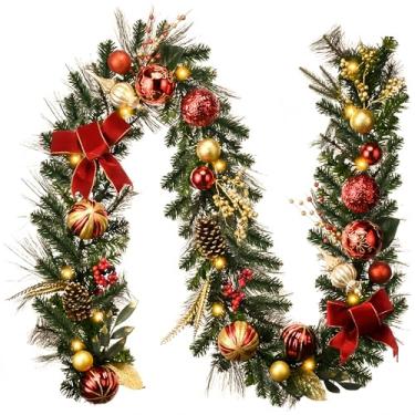 Imagem de Guirlanda de Natal Valery Madelyn pré-iluminada, 20 metros de luxo em ouro vermelho com luzes, ornamentos de esfera, flores, operada por bateria, 20 luzes LED para decoração de porta frontal ao ar livre, lareira e árvore