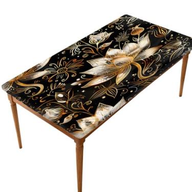 Imagem de hongjinglin Toalha de mesa retangular de 1,8 m com elástico, mandala, flor étnica, elástica, capa de mesa retangular, impermeável, lavável, protetor de mesa para piquenique, jantar, cozinha, decoração