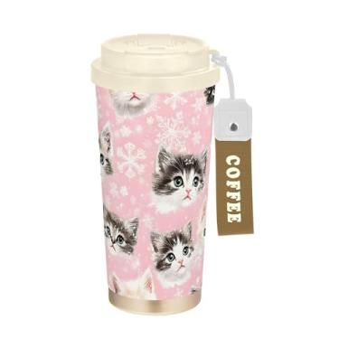 Imagem de SEHANY Caneca de viagem de gato gatinho fofo de 482 g xícaras de café reutilizáveis revestidas de cerâmica com tampa à prova de vazamento, parede dupla, isolamento a vácuo, copo de café de aço