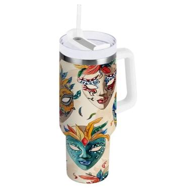 Imagem de ATTX Copo padrão de máscaras de carnaval de 1,134 g com alça, copo de aço inoxidável a vácuo de parede dupla com palha, caneca de café de viagem isolada #50