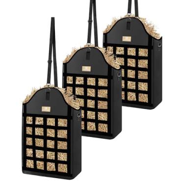 Imagem de Excoutsty Sacos de feno para cavalos, 4 pacotes de sacos de feno de alimentação lenta para cabras, ovelhas, burros, sacos de alimentação de feno Oxford reforçados 600D com design de redes de feno