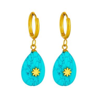 Imagem de Kokoma Brincos femininos com pingente de gota de água, turquesa, brincos de flor boêmia, argolas de aço inoxidável, acessórios de joias de orelha da moda