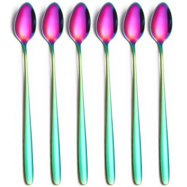 Imagem de tiokin Colher de chá gelado de cabo longo, colher de café de 19,8 cm, colher de sorvete, colheres de chá de aço inoxidável, colher para mexer para coquetel, conjunto de 6 (arco-íris), 19,8 cm