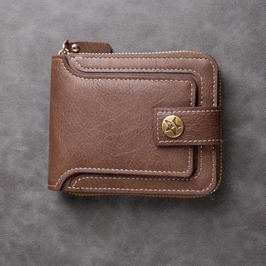 Imagem de Carteira masculina de couro PU, mini carteira masculina dobrável portátil com fivela de zíper, vários compartimentos para documentos, Marrom, Lazer