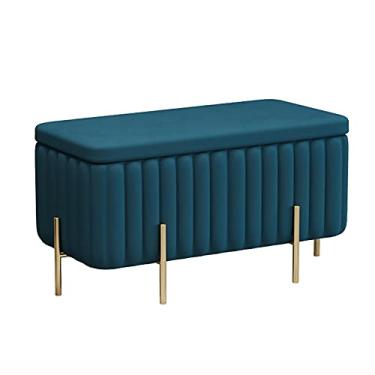 Imagem de FAMEOYA Luxuoso banco otomano de armazenamento de veludo com pés de metal, apoio para os pés otomano estofado contemporâneo, banco de armazenamento macio na extremidade da cama para quarto - azul