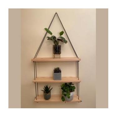 Imagem de Prateleira Suspensa Artesanal com Corda | 1, 2 ou 3 Andares em Madeira Pinus Natural ou Imbuia(Três Andares)