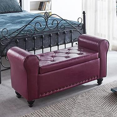Imagem de FAMEOYA Banco otomano de armazenamento armado de couro PU, banco de armazenamento de braço enrolado, moderno banco de cama tufado, banco de entrada, banco de madeira para sofá, apoio para os pés roxo