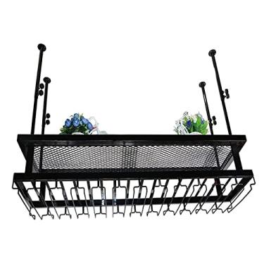 Imagem de APUM Prateleiras de vinho de teto, altura ajustável, gancho para pendurar para taças de vinho, suporte de garrafa de vinho, taças de taças, prateleira de decoração para bares de casa