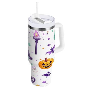 Imagem de STAYTOP Copo de vassoura e chapéu de bruxa de 1,134 g com tampa e palha, copo isolado de aço inoxidável durável à prova de vazamento com alça, garrafas de água à prova de derramamento para viagens