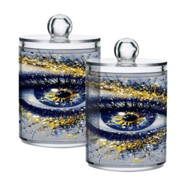 Imagem de STAYTOP 4 peças lindos frascos de boticário com olhos azuis dourados Qtip para banheiro com etiquetas – Recipiente de armazenamento Qtip de plástico transparente para bola de algodão, cotonete, grão