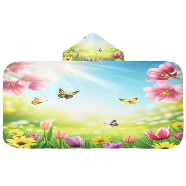 Imagem de Burbuja Hello Spring Toalha de banho com capuz para crianças, toalha de praia de pelúcia macia absorvente para meninas e meninos 3-10 anos, 61 x 127 cm