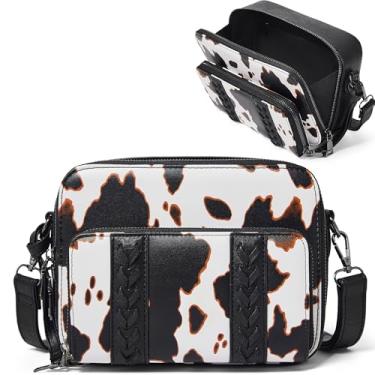 Imagem de Yarnic Bolsas pequenas transversais femininas com carteira removível moderna de couro vegano para celular com compartimentos para cartão de crédito, Vaca preta